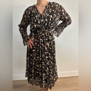 Part Two Chiffon Black, Brown, Gold Patterned Long Sleeve Dress